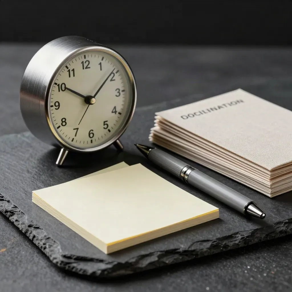 Timer analogico, post-it neutri, penna tecnica e carte chiuse su pietra scura