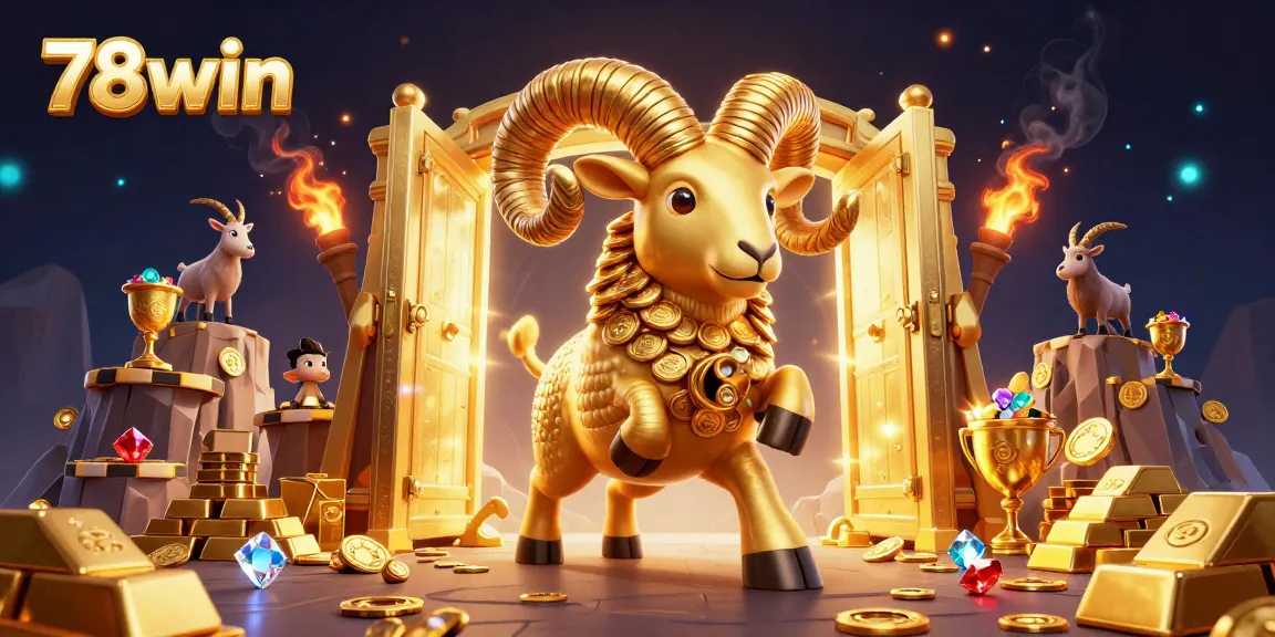 78win showcases an extraordinary casino scene with a golden ram charging through an elaborate treasure vault.